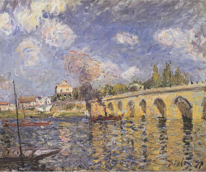 Alfred Sisley River-steamboat and bridge oil painting picture